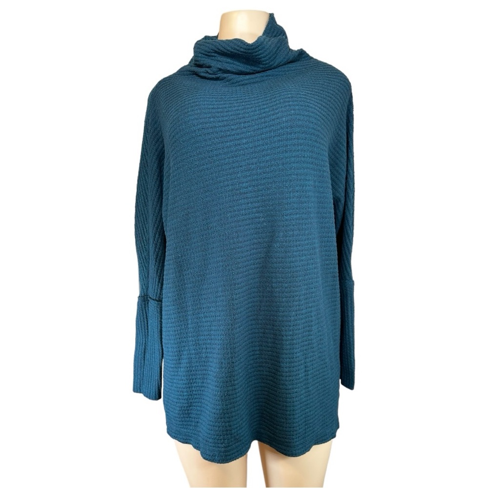 Free People We The Free Teal Cowl Neck Thermal Waffle-Knit Tunic Sweater Teal XS - Picture 4 of 13